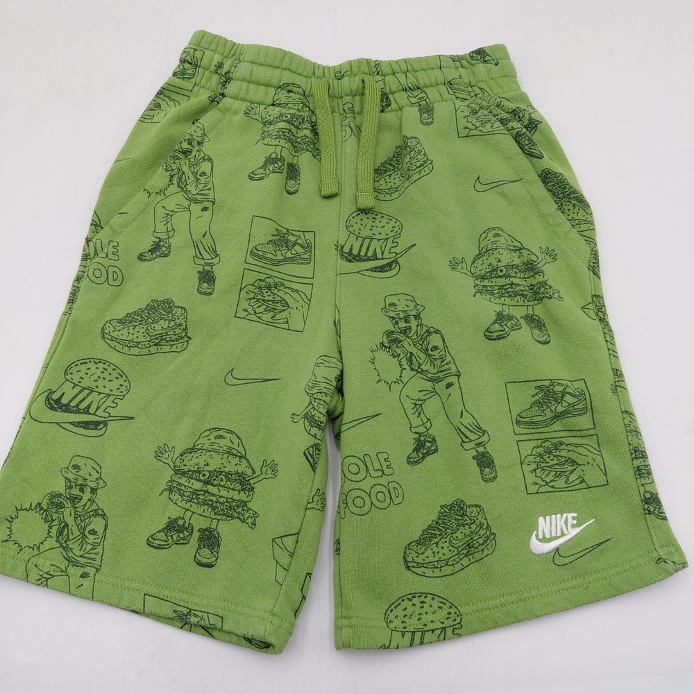 Nike Kids L Green Sole Food Graphic French Terry Shorts Sneaker Burger AOP Silly